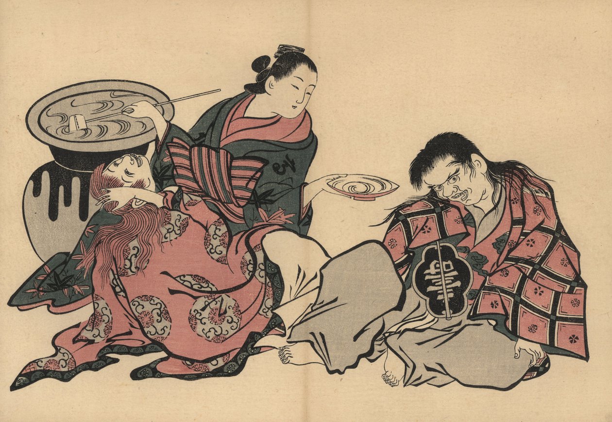 Une courtisane oiran jouant avec deux shojo et du saké d
