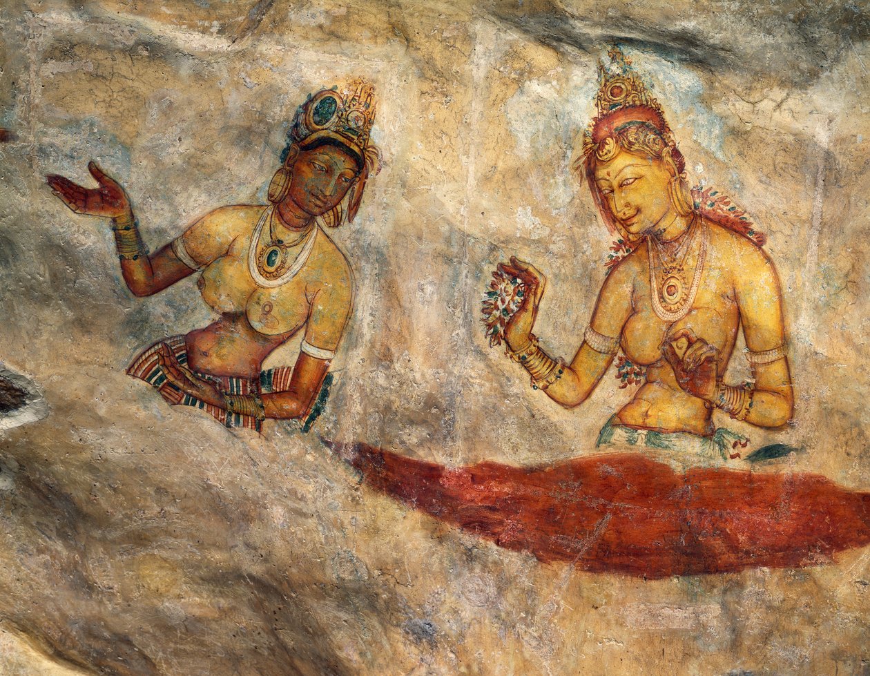 Apsaras, nymphes célestes offrant des fleurs, fresque, citadelle fortifiée de Sigiriya (Liste du patrimoine mondial de l