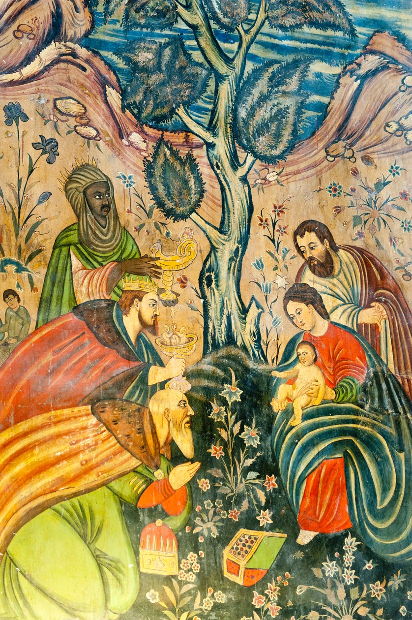 Église apostolique arménienne; fresque; Adoration des Mages; Jésus-Christ; Marie et Joseph; les trois rois mages offrent des cadeaux; Église de Bethléem ou Église de Bedkhem; district de Julfa ou Jolfa; Ispahan; Iran; Asie - Unbekannt