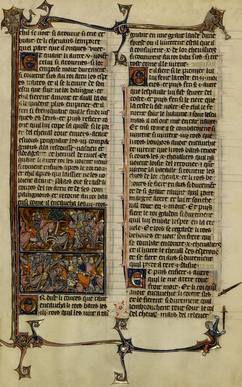 Légende arthurienne (quête du Saint Graal) : Benoic chasse les Saxons et la bataille de Danablaise sont deux enluminures extraites du manuscrit Histoire de Merlin, datant du XIIIe siècle entre 1280-1290 - Unbekannter Künstler
