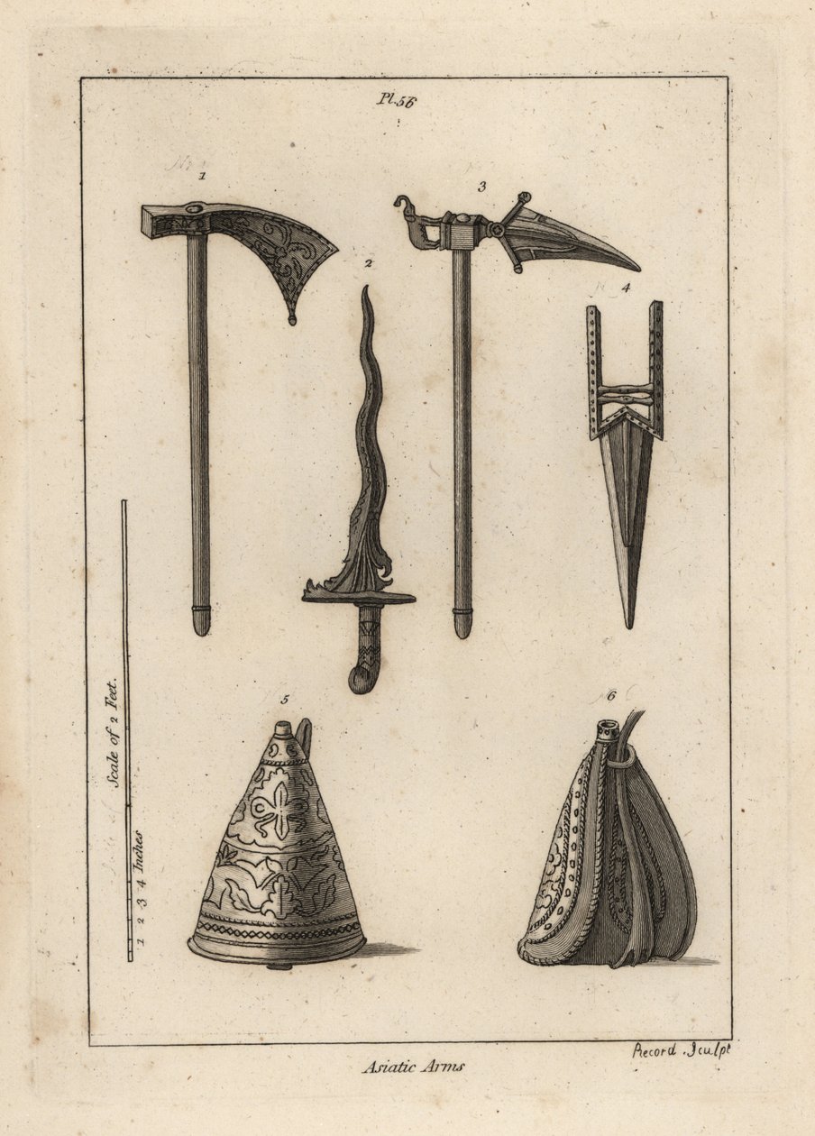 Armes asiatiques : hache de combat 1, poignard 2, hache de combat Rohilla 3, cresse ou kris indien 3, et flasque à poudre orientale 5,6 - Unbekannt