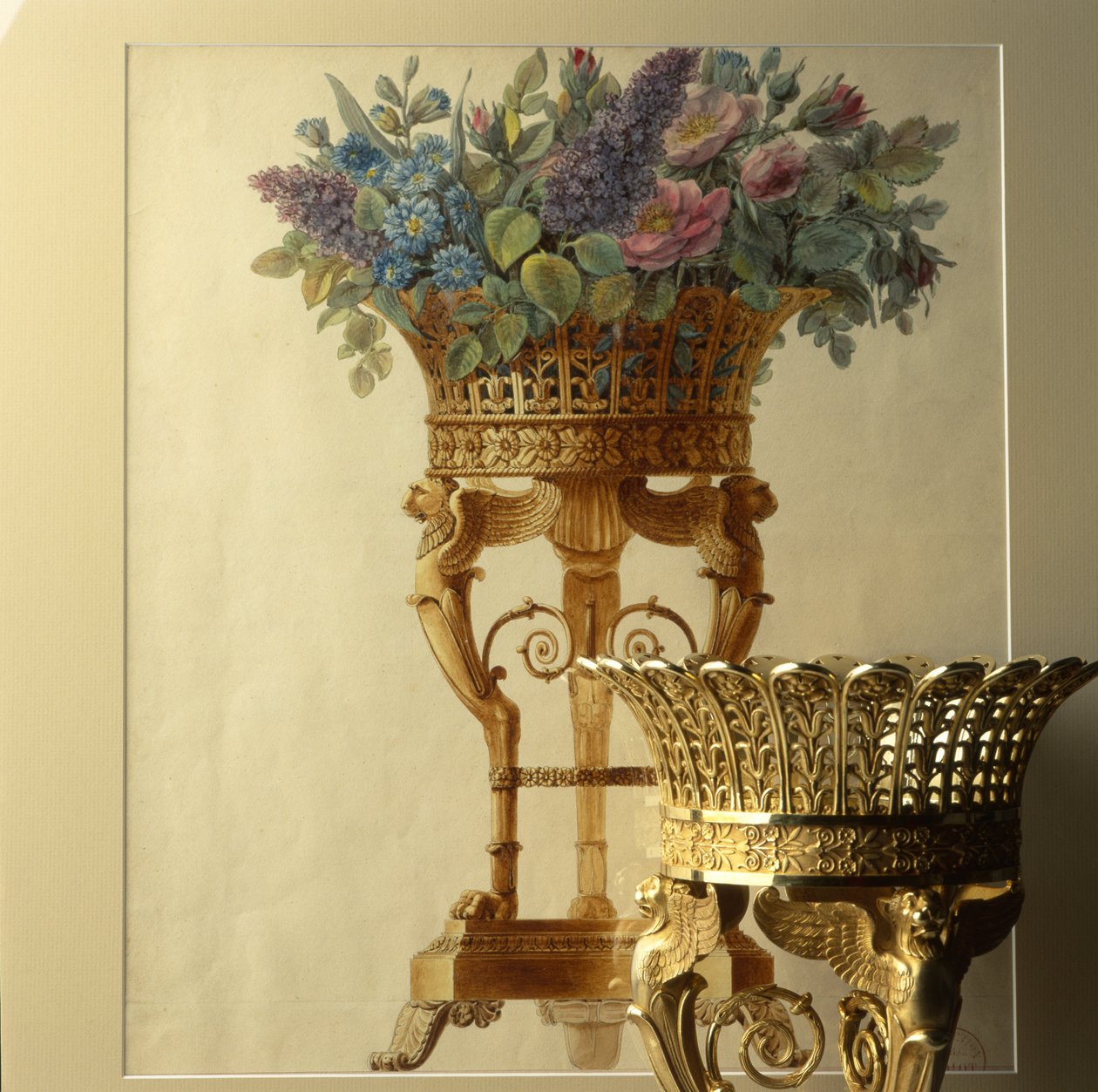 Panier de fleurs avec lions, dessin de Garneray vers 1800 - Unbekannt