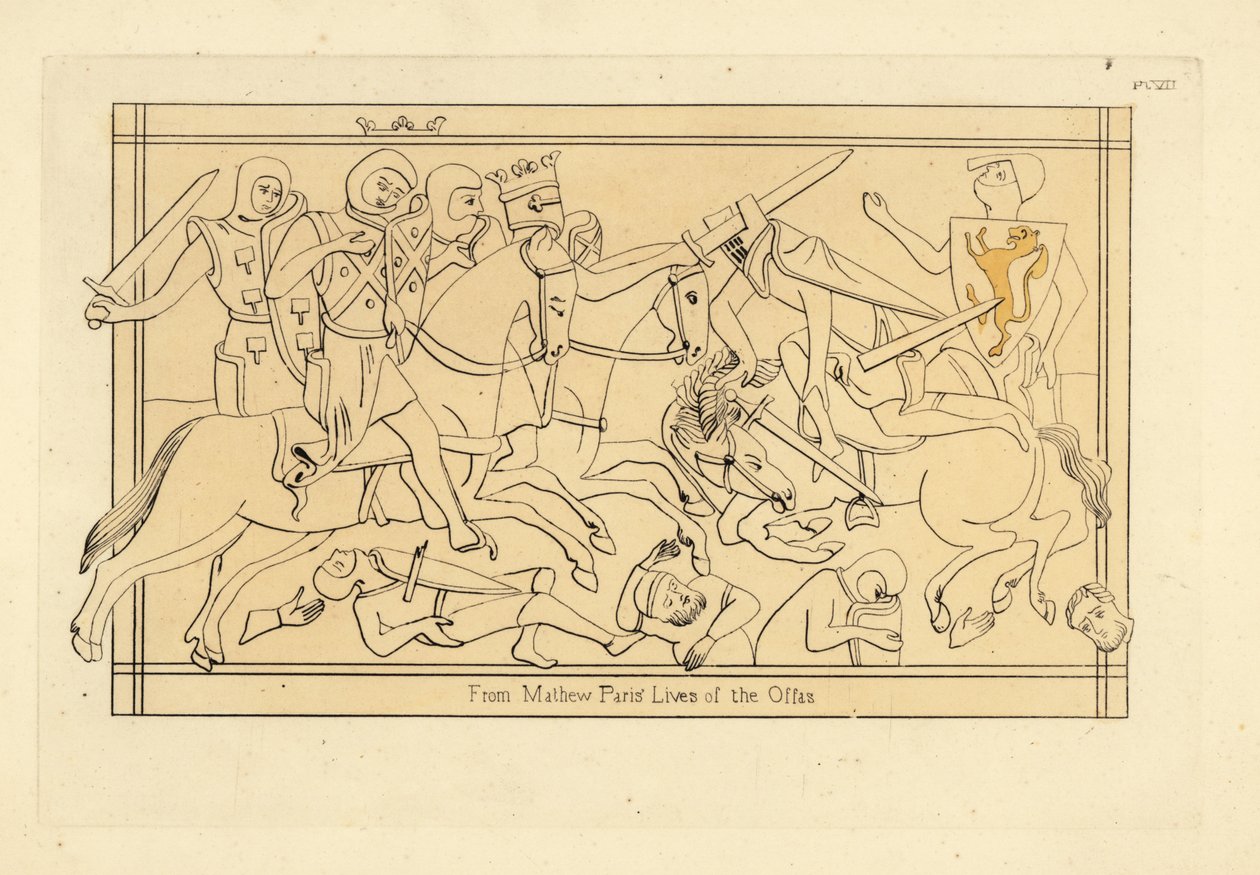 Scène de bataille montrant des chevaliers avec des casques cylindriques et des cottes de mailles, des surcots armoriaux et des boucliers avec des armoiries - Unbekannt