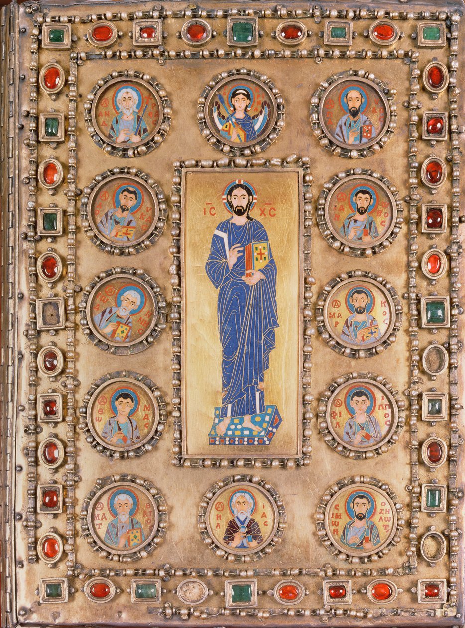 Couverture de livre représentant le Christ bénissant, avec des médaillons représentant des saints - Unbekannt
