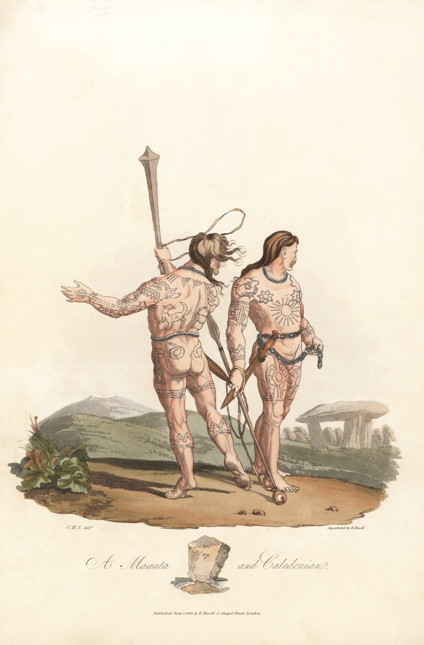 Antiquité britannique (période pré-romaine, avant le 1er siècle) : Catini et habitants calédoniens (Écosse) des plaines et forêts du nord de la Grande-Bretagne, avec tatouages - Eau-forte par Robert Havell (1793-1878) d