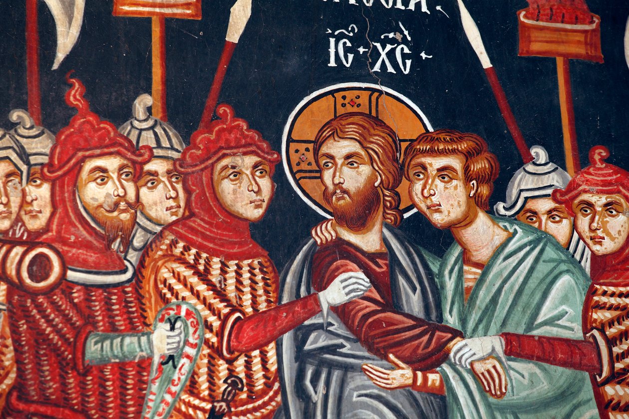 Fresque byzantine du 15e siècle, trahison de Judas et arrestation de Jésus, église de l