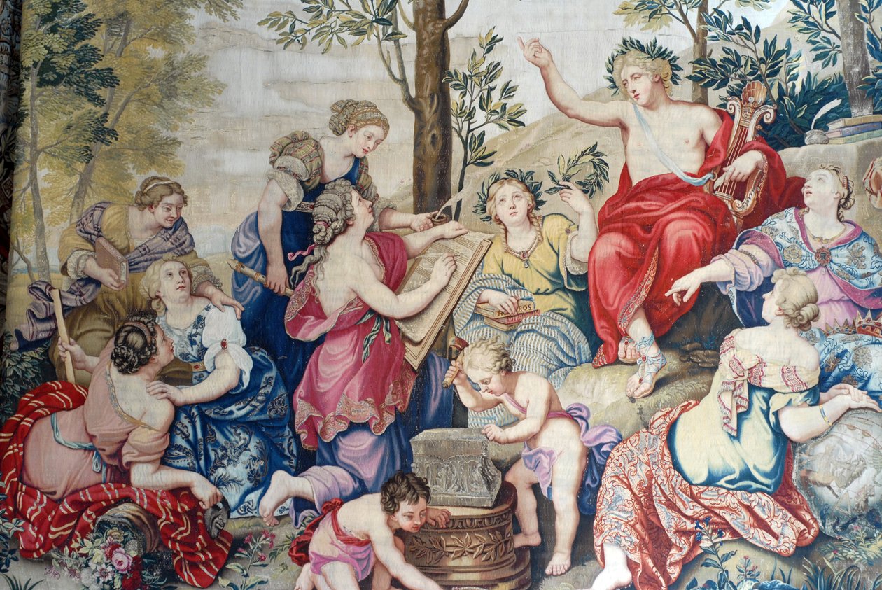 Château de Fontainebleau : (détail), draperie tissée pour Louis XIV à la manufacture des Gobelins à partir de 1687 après les grandes peintures de Pierre Mignard au Château de Saint Cloud pour Monsieur Philippe Duc d