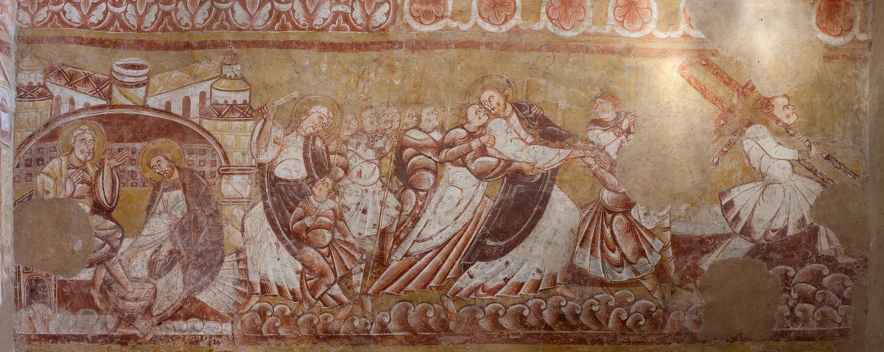Église Saint-Martin. Intérieur. Peintures murales (fresque). Mur nord du chœur. (détail) Arrestation du Christ, lavement des pieds. XIIe siècle. - Unbekannt