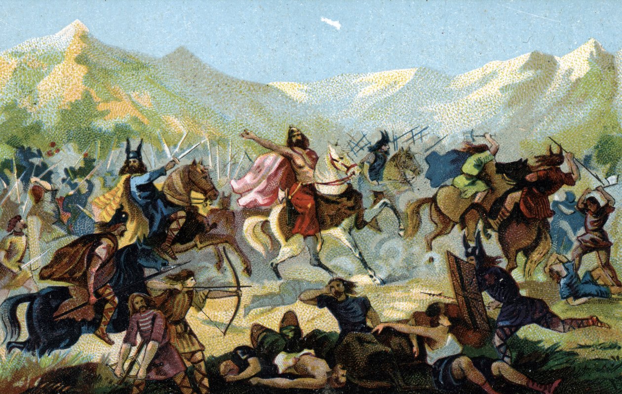 Clovis I (466-511), roi des Francs, lors de la bataille de Tolbiac en 496 contre la tribu germanique des Alamans, a juré de se convertir en cas de victoire. Fin du XIXe siècle (chromolithographie) - Unbekannter Künstler