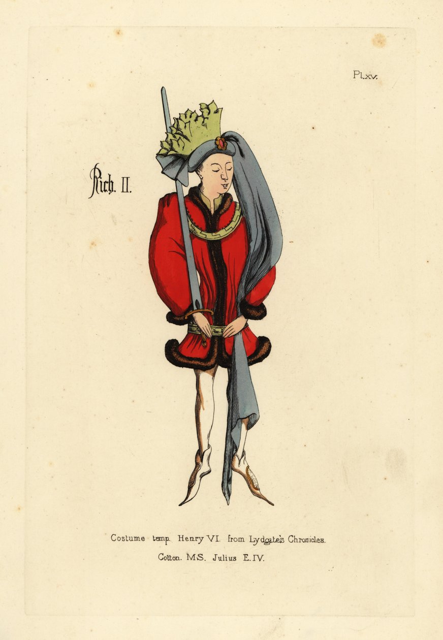 Costume du roi Richard II, en tunique courte et ample bordée de fourrure, ceinturée aux hanches avec une ceinture, chaussures pointues, coiffure ronde avec longue queue et couronne de tissu coupée en forme de feuilles - Unbekannt
