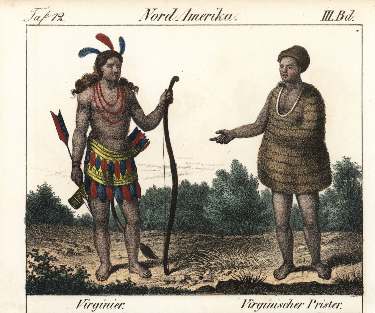Costume des Indiens Powhatan de Virginie (USA) : un guerrier et un prêtre de Secota. Lithographie pour le livre : "Galerie complète en tableaux fidèles des peuples d