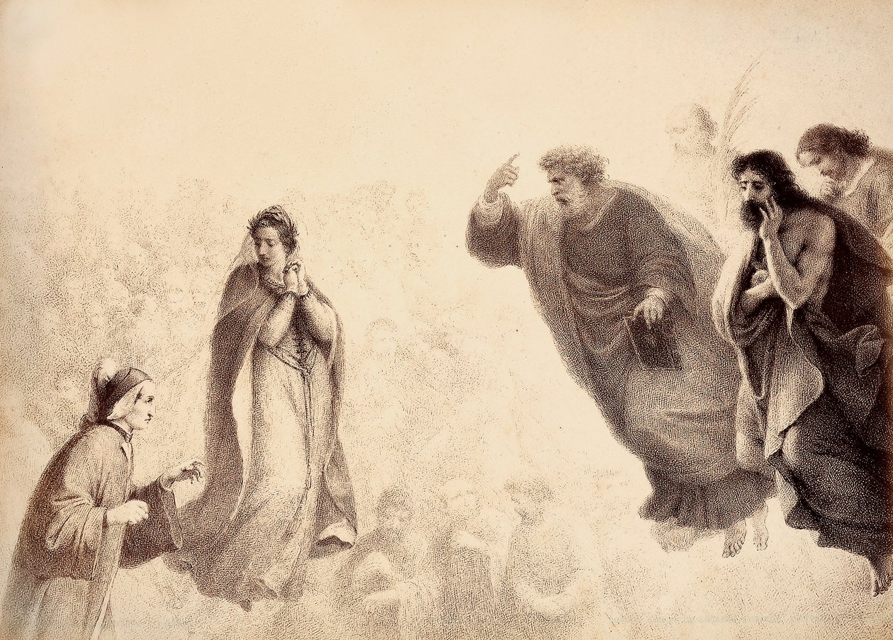 Dante et Béatrice devant les esprits lumineux des apôtres Pierre, Jacques et Jean. Pierre a le bras levé en signe de colère. Illustration du Chant XXVII du Paradis de La Divine Comédie de Dante Alighieri. Œuvre de Francesco Scaramuzza dédiée à la Municipal - Unbekannter Künstler
