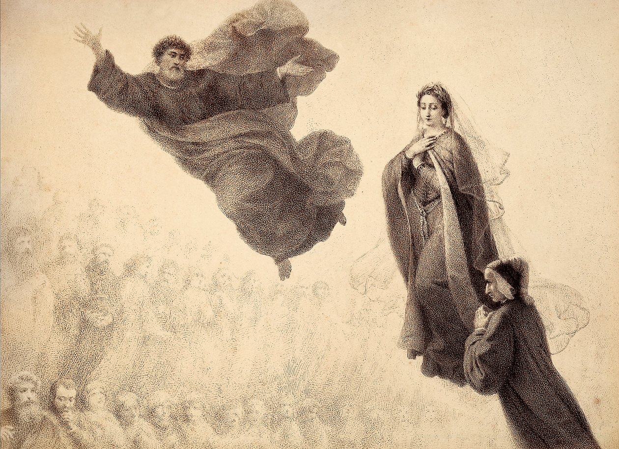 Dante et Béatrice rencontrent Saint Pierre. Illustration du Chant XXIV du Paradis de La Divine Comédie de Dante Alighieri. Œuvre de Francesco Scaramuzza dédiée à la Municipalité de Florence. - Unbekannter Künstler