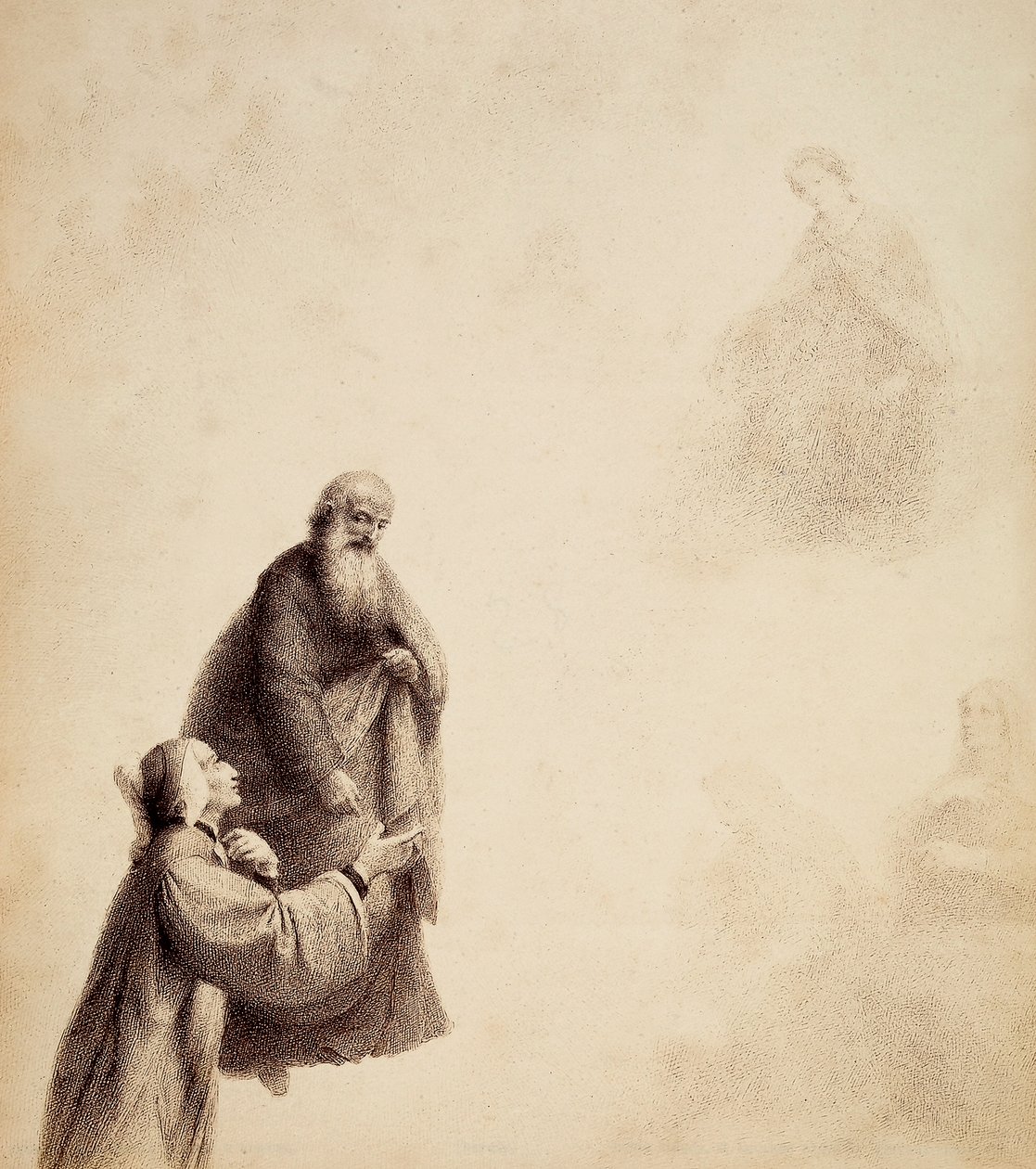 Dante, assisté par Saint Bernard, voit Béatrice assise sur un trône parmi les bienheureux, dans un halo de lumière. Illustration du Chant XXXI du Paradis de La Divine Comédie de Dante Alighieri. Œuvre de Francesco Scaramuzza dédiée à la Municipalité de Flo - Unbekannter Künstler