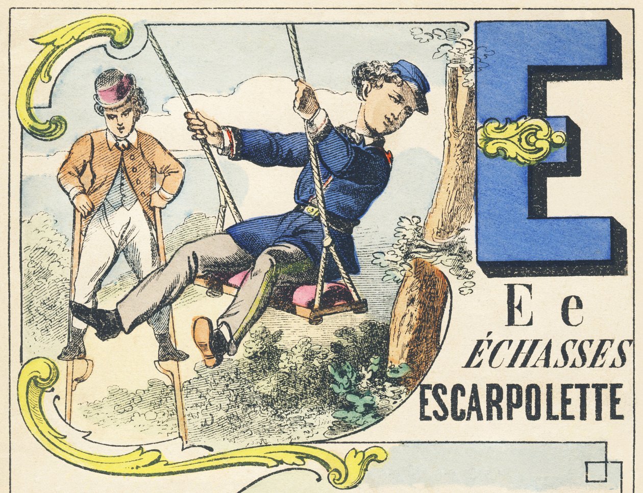 E : échasses, escarpolette - Alphabet des jeux, vers 1890 (illustration) - Unbekannt