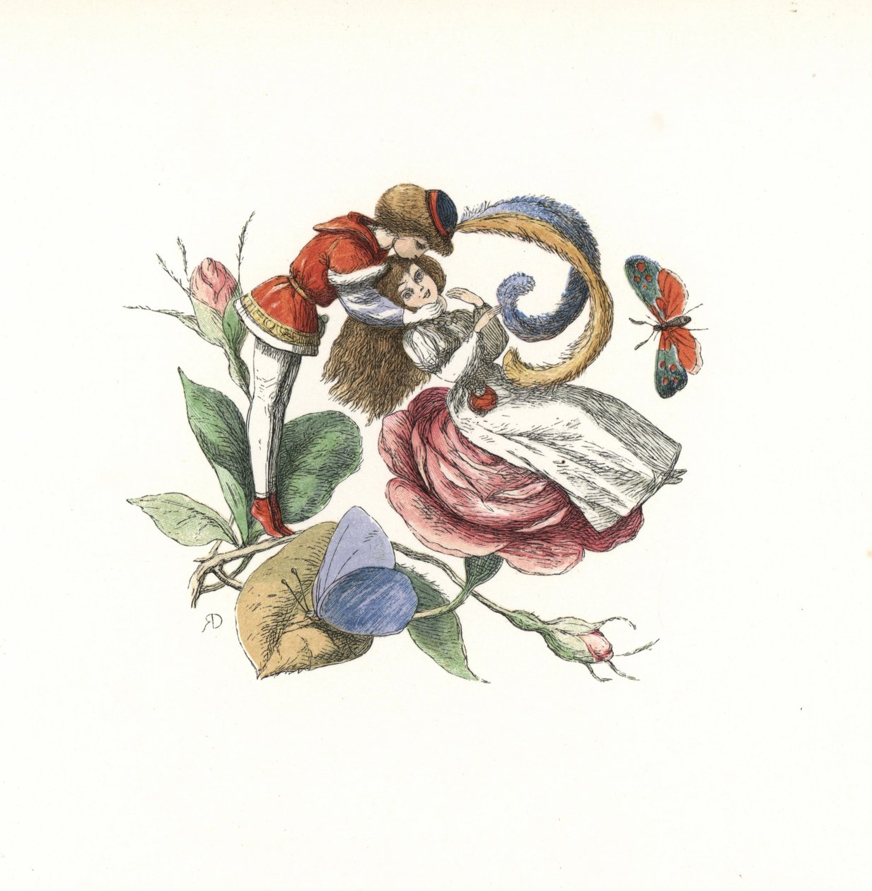 Lutin flirtant avec une fée sur une fleur de rose. Gravure sur bois colorée à la main par Edmund Evans d