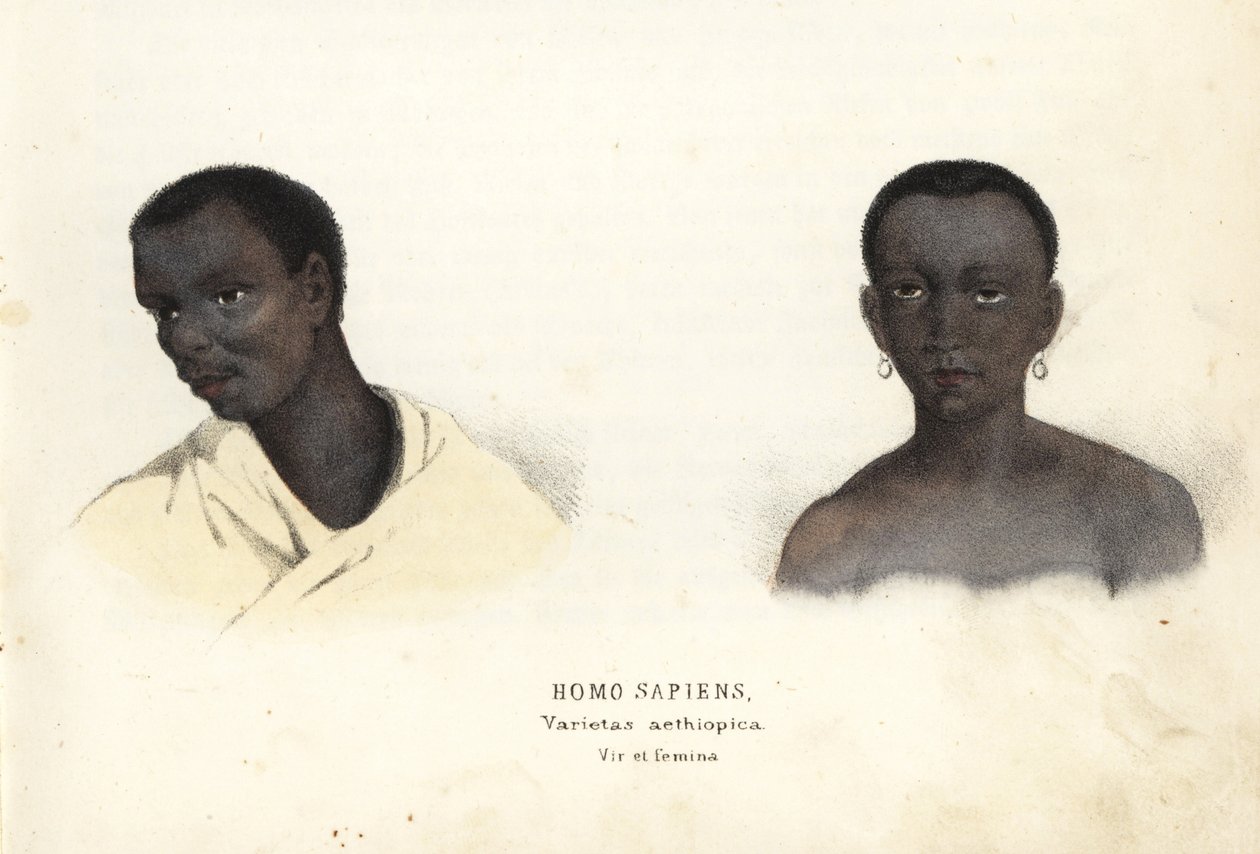 Homme et femme éthiopiens. Gravure sur acier colorée à la main de la Galerie d