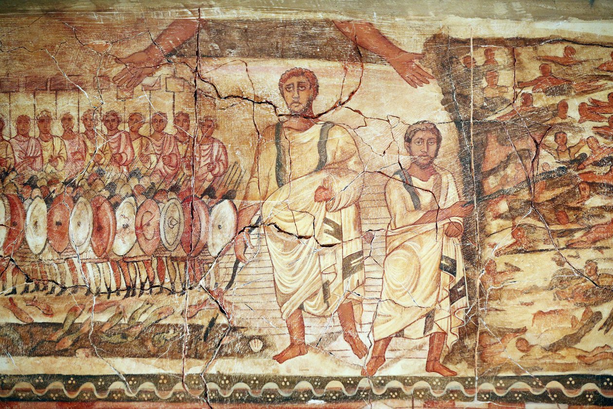 Exode et traversée de la mer Rouge, fresque provenant de la synagogue de Doura Europos, 244-245, et conservée au Musée National de Damas. Photo prise au Musée Juif de New York pendant une exposition. - Unbekannt