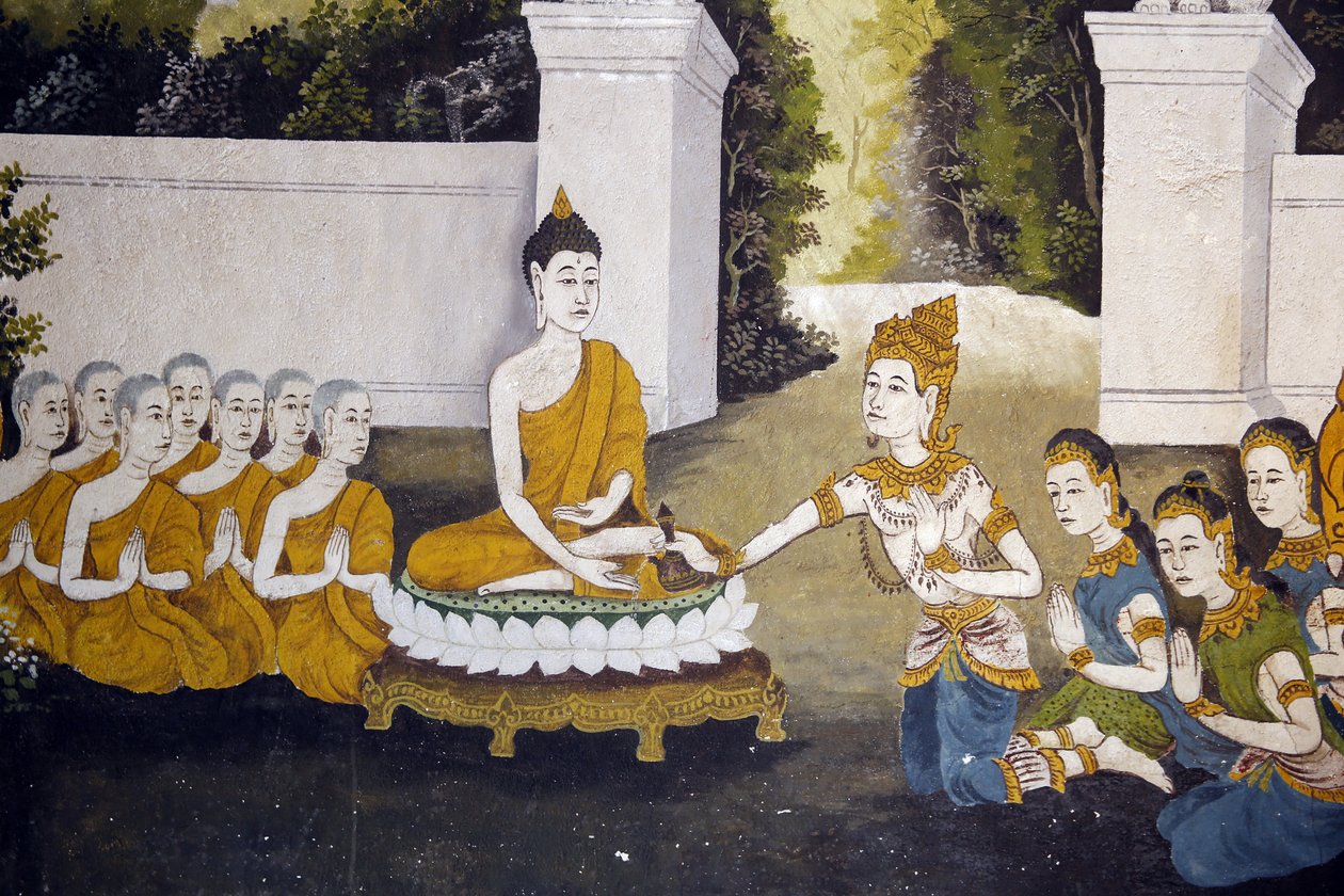 Fresque représentant une scène de la vie du Bouddha dans Wat Phra Doi Suthep, Chiang Mai. Bouddha recevant des aumônes. Thaïlande - Unbekannt