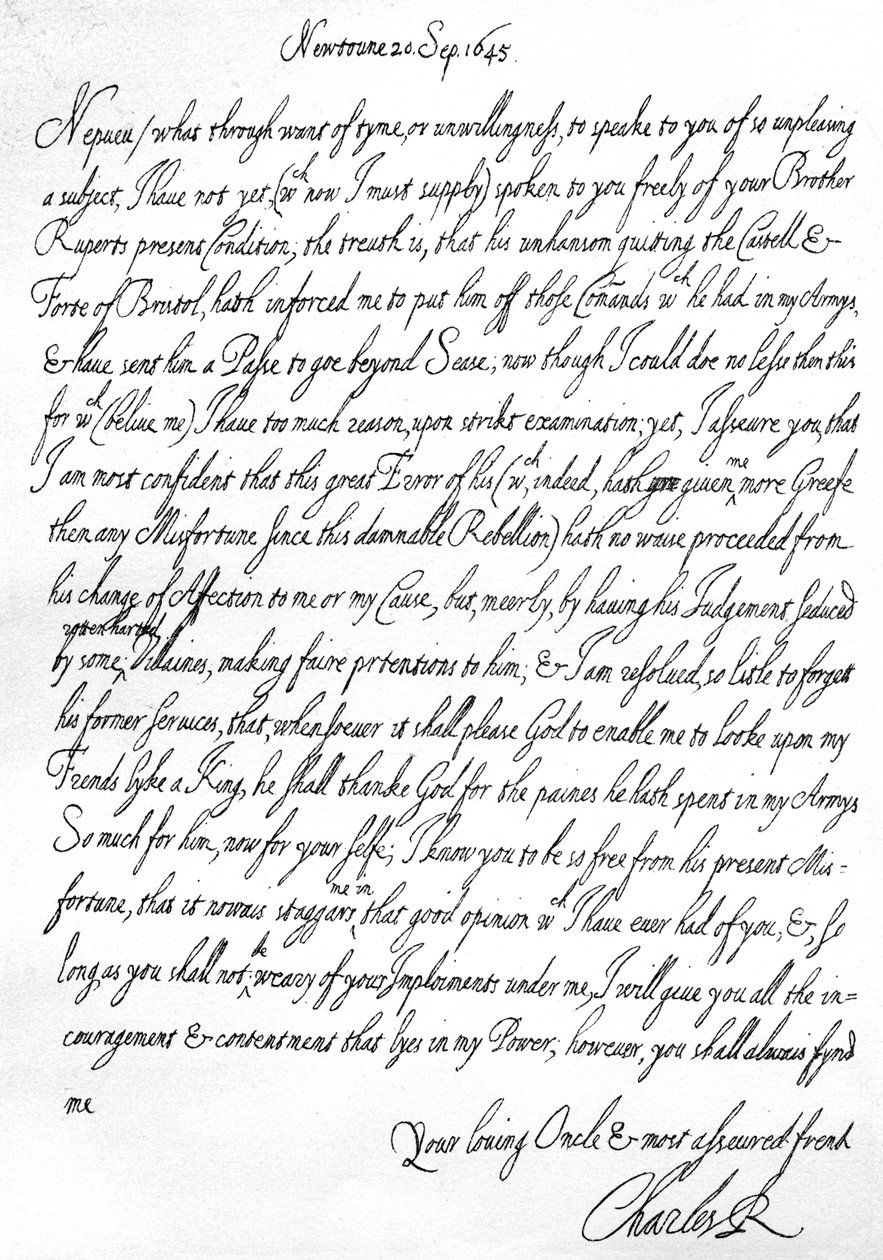 Lettre amicale de Charles Ier à son neveu, le prince Maurice, écrite à Newtown, Powys, Pays de Galles, 20 septembre - Unbekannt