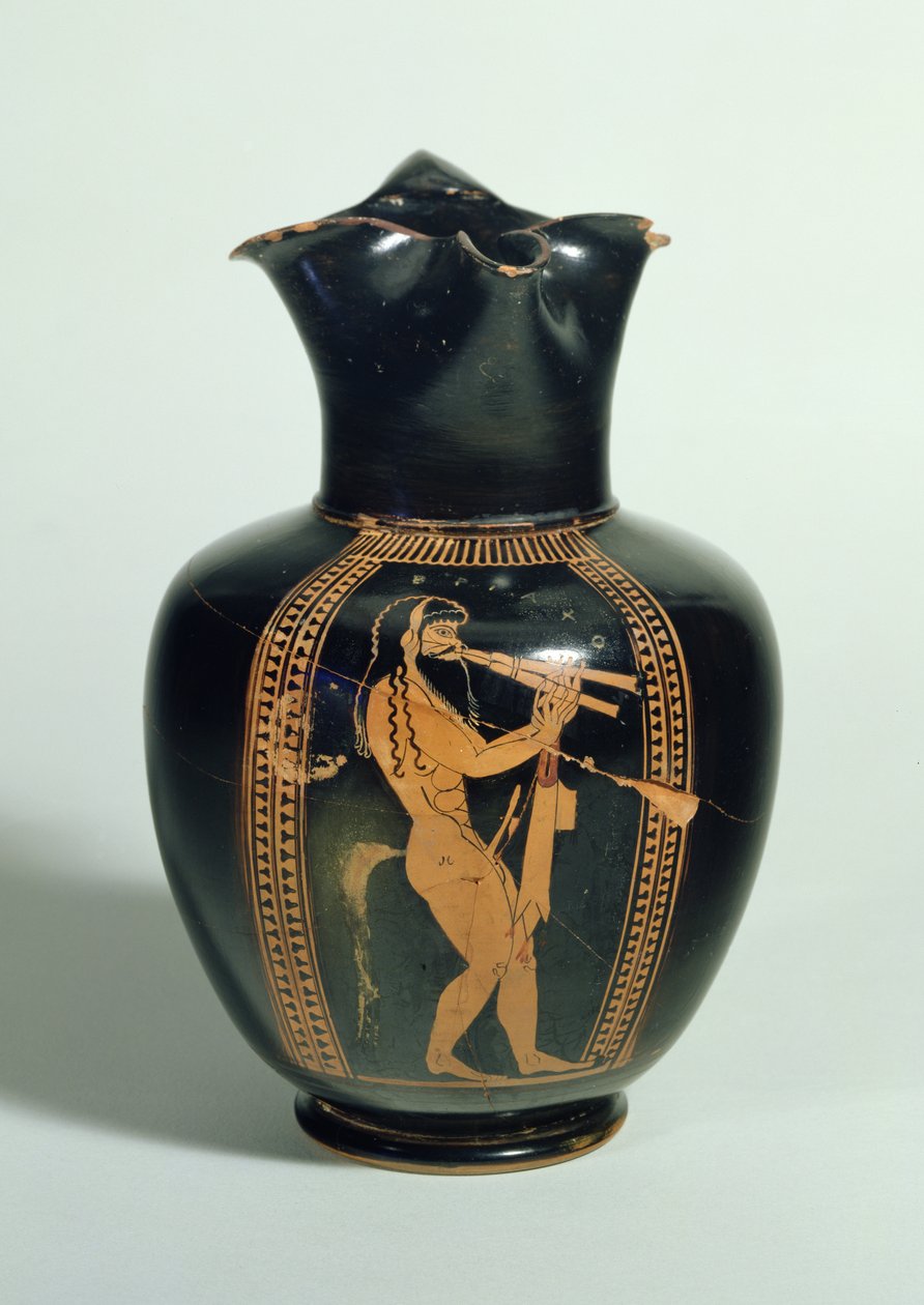 Oinochoé, décorée avec un satyre jouant de la double flûte, figure rouge attique, Athènes, grec, 520 av. J.-C. (argile) - Unbekannt