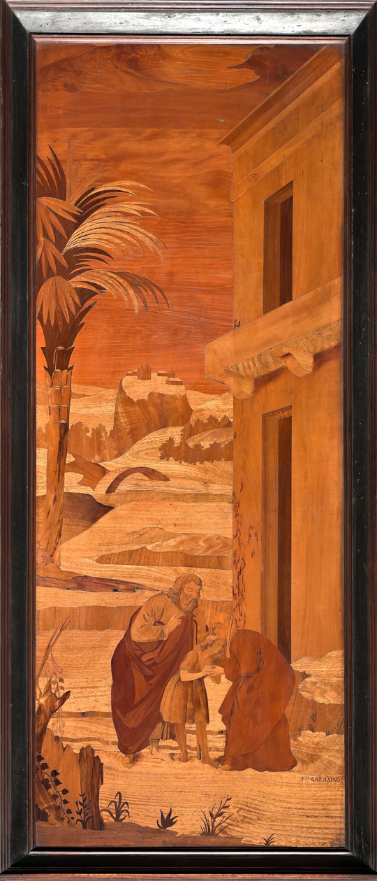 Gênes, Duomo (cathédrale Saint-Laurent), intérieur, abside, chœur, côté nord : "Saint Jean-Baptiste prend congé de sa famille", marqueterie de bois par Vincenzo et Tommaso Garassino (XIXe siècle) - Unbekannter Künstler