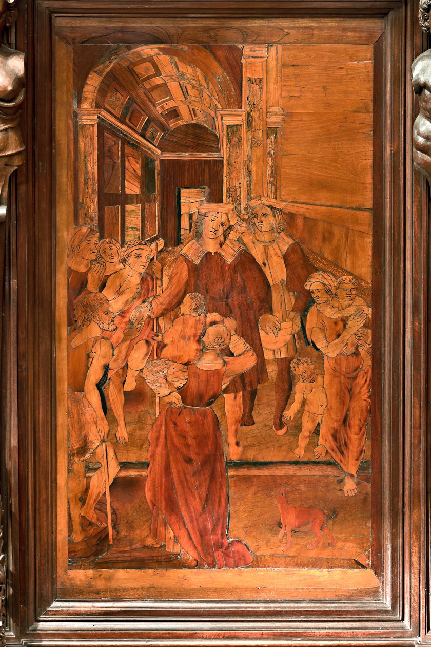 Gênes, Duomo (cathédrale Saint-Laurent), intérieur, presbytère, abside, chœur, côté nord : "La Charité de Saint Laurent", marqueterie de bois par Gian Michele De
