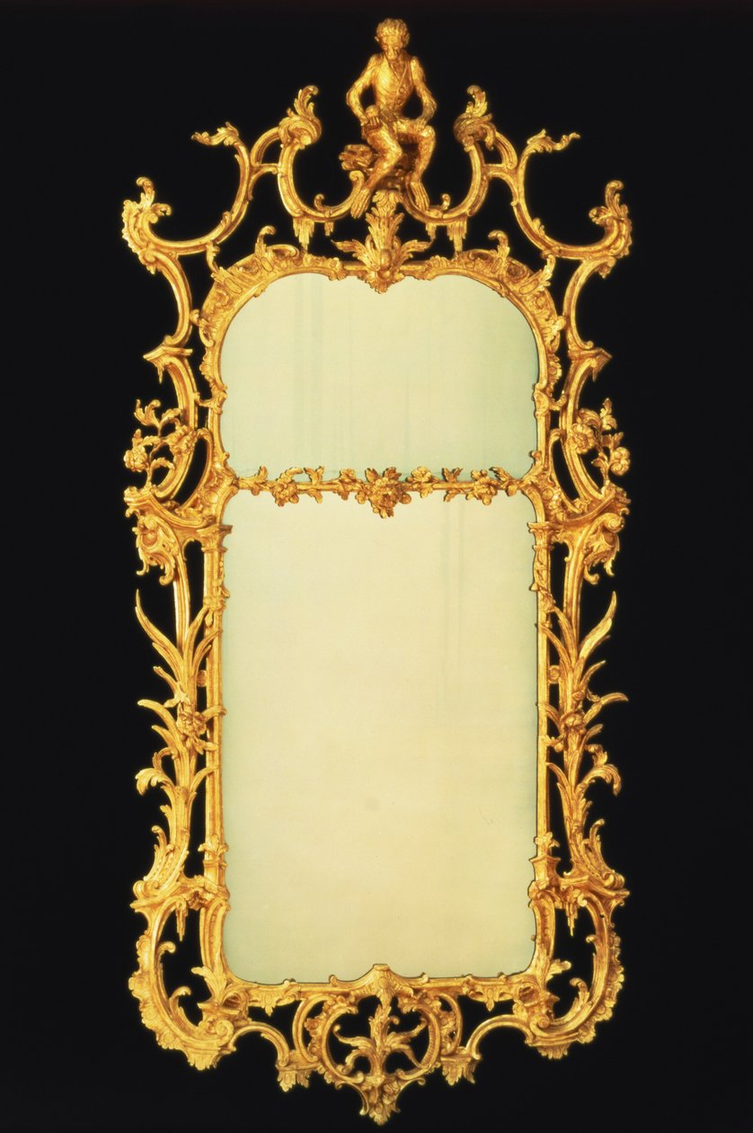 Miroir de cheminée doré de George III, avec deux plaques, crête élaborée, centrée par la figure d