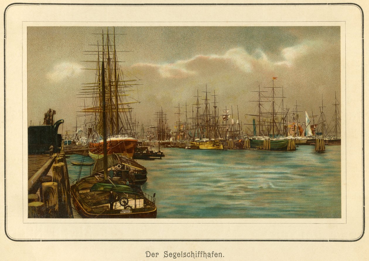 Allemagne, Hambourg, le port pour les voiliers, lithographie de : "Ansichten-Album Hamburg" (vues de Hambourg), publié par C. Schneider, Berlin NW., vers 1890 (lithographie) - Unbekannter Künstler