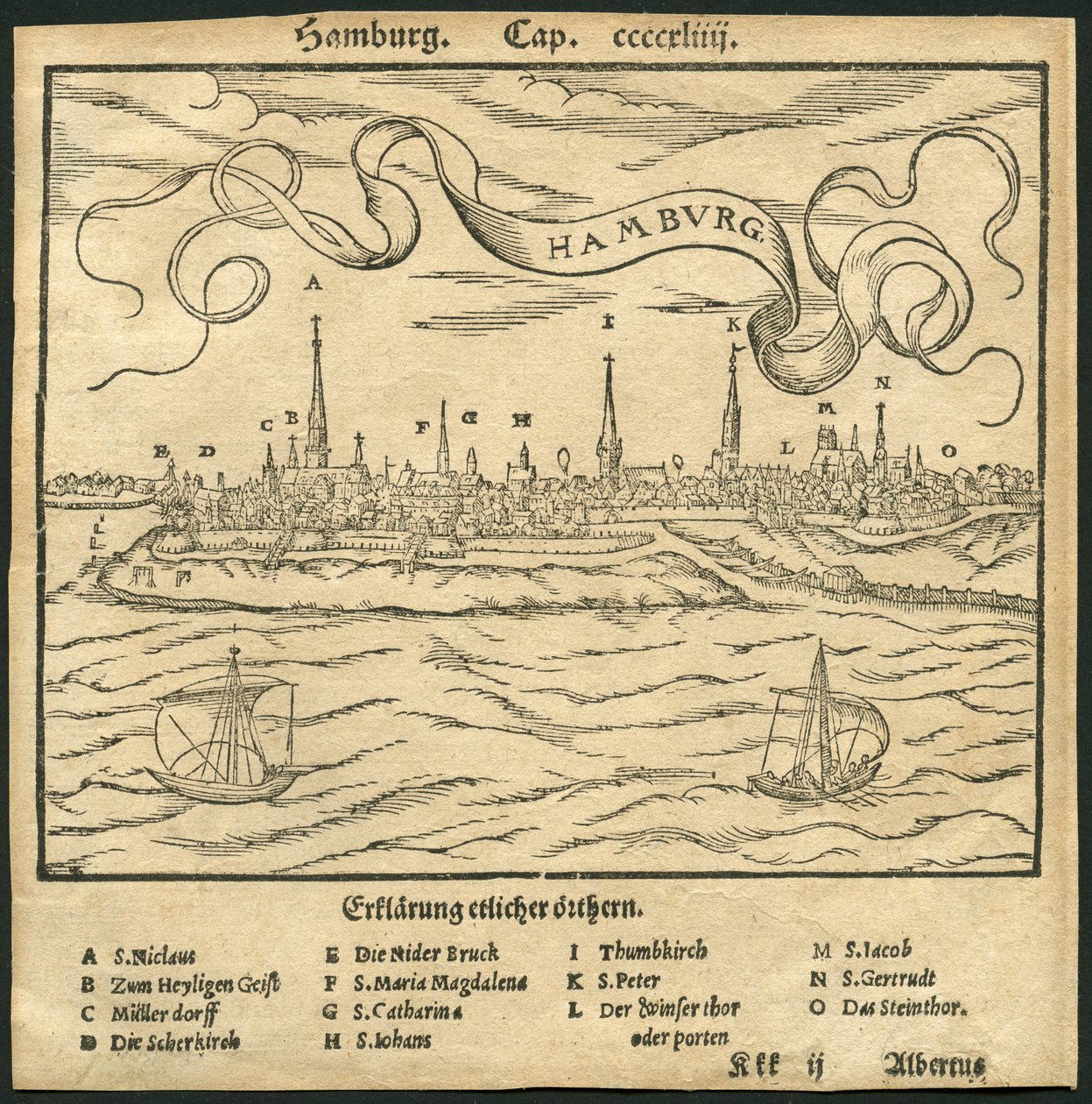 Allemagne, Hambourg, vue sur la ville, au premier plan le fleuve Elbe, illustration de la Cosmographia de Sebastian Muenster, vers 1570 (gravure) - Unbekannter Künstler