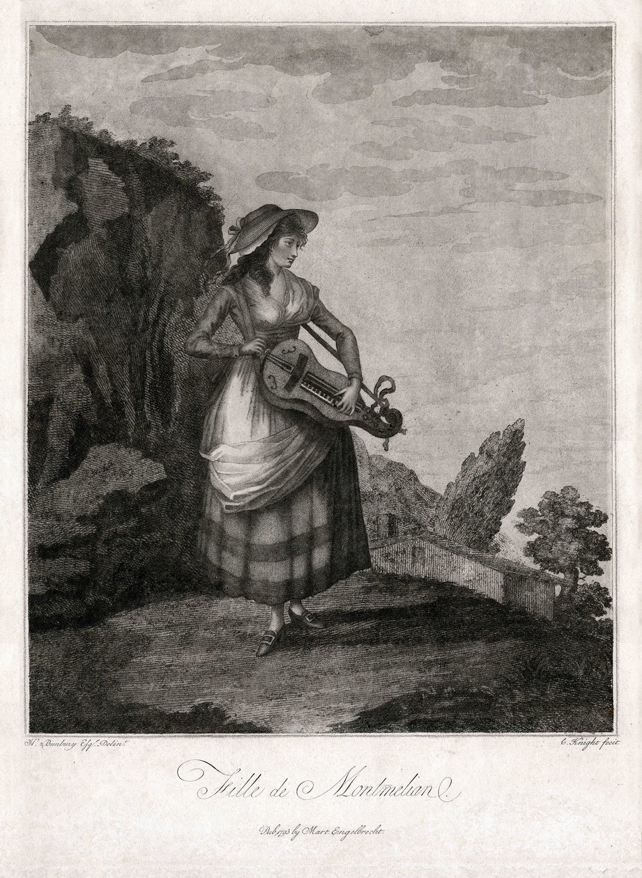 Fille de Montmélian, en Gironde, jouant de la vieille (gravure) - Unbekannter Künstler