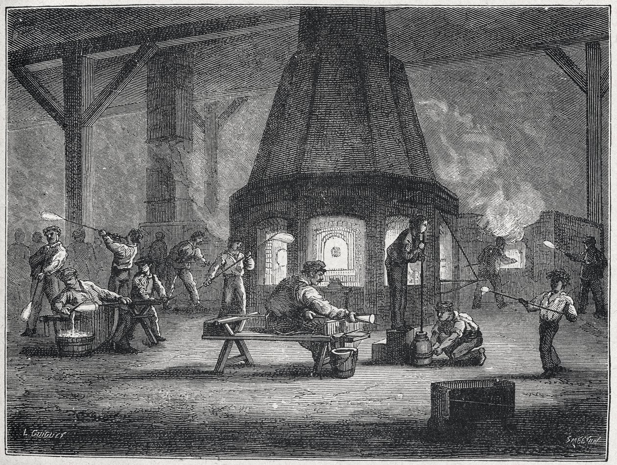 Fabrication de verre dans la seconde moitié du 19e siècle : les enfants travaillent, c. 1880 (gravure) - Unbekannter Künstler