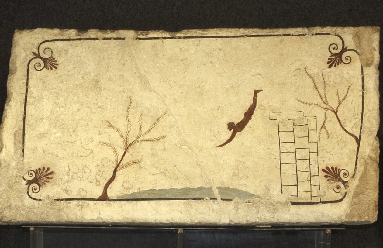 Art grec : Fresque de la Tombe du Plongeur, Paestum, Région de Campanie, Italie. Tomba del Tuffatore, mural, parc archéologique de Paestum, Campanie, Italie - Unbekannter Künstler