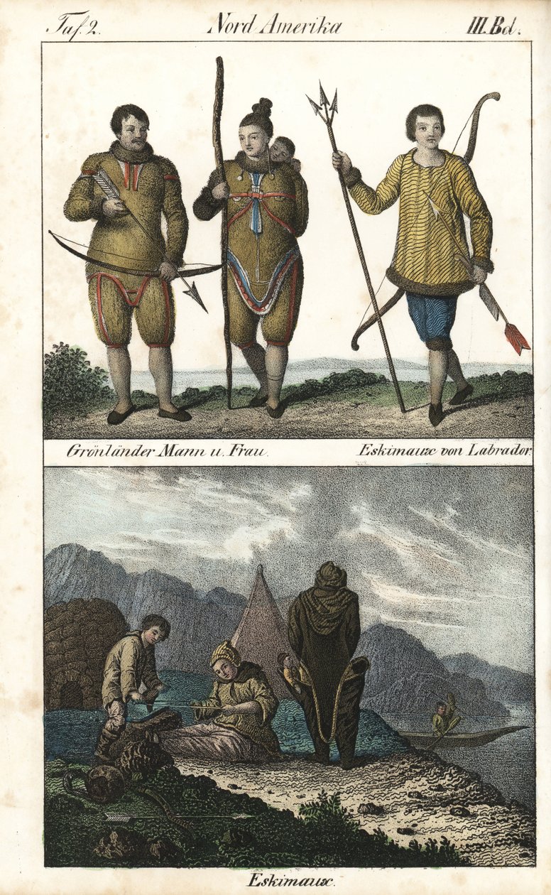 Habitants du Groenland portant des peaux et un Inuit du Labrador (Canada) avec un trident. En dessous, une scène quotidienne de la vie familiale inuit devant un igloo, une tente et un canoë, Amérique du Nord. Lithographie pour le livre : « Galerie complète - Unbekannter Künstler