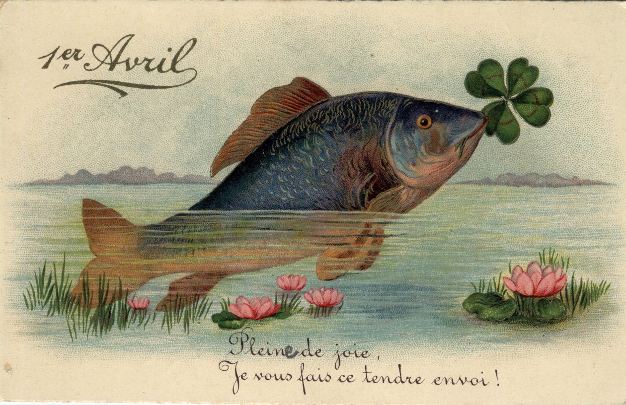 Carte de vœux pour le 1er avril : poisson avec un trèfle à quatre feuilles - Carte postale fin XIXe-XXe siècle - William M. Timlin