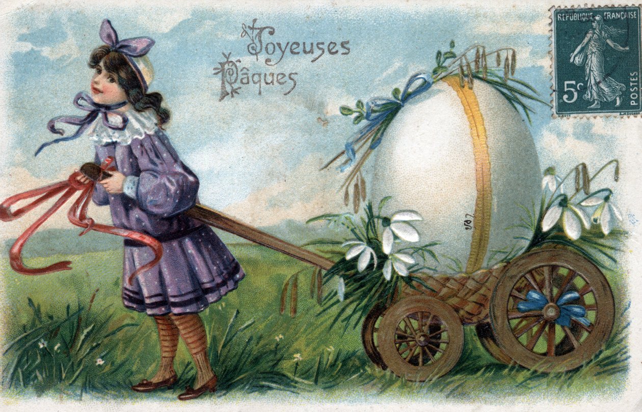 Carte de vœux de Pâques : une petite fille piège un œuf géant dans une charrette - Carte postale fin 19e-20e siècle - William M. Timlin