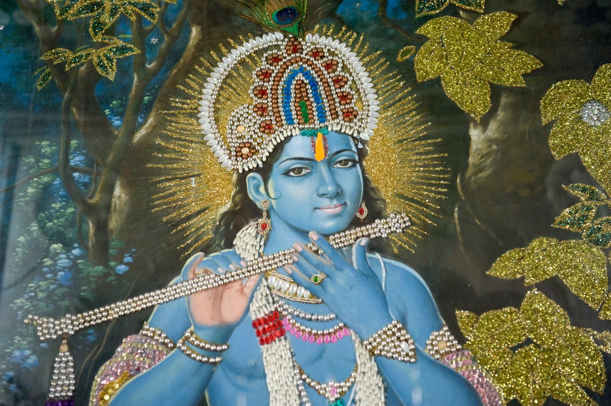 Hindouisme; peinture de Lord Krishna avec flûte; Durgiana Mandir Vishnu Temple; Amritsar; Punjab; Inde; Asie du Sud; Asie - Unbekannt