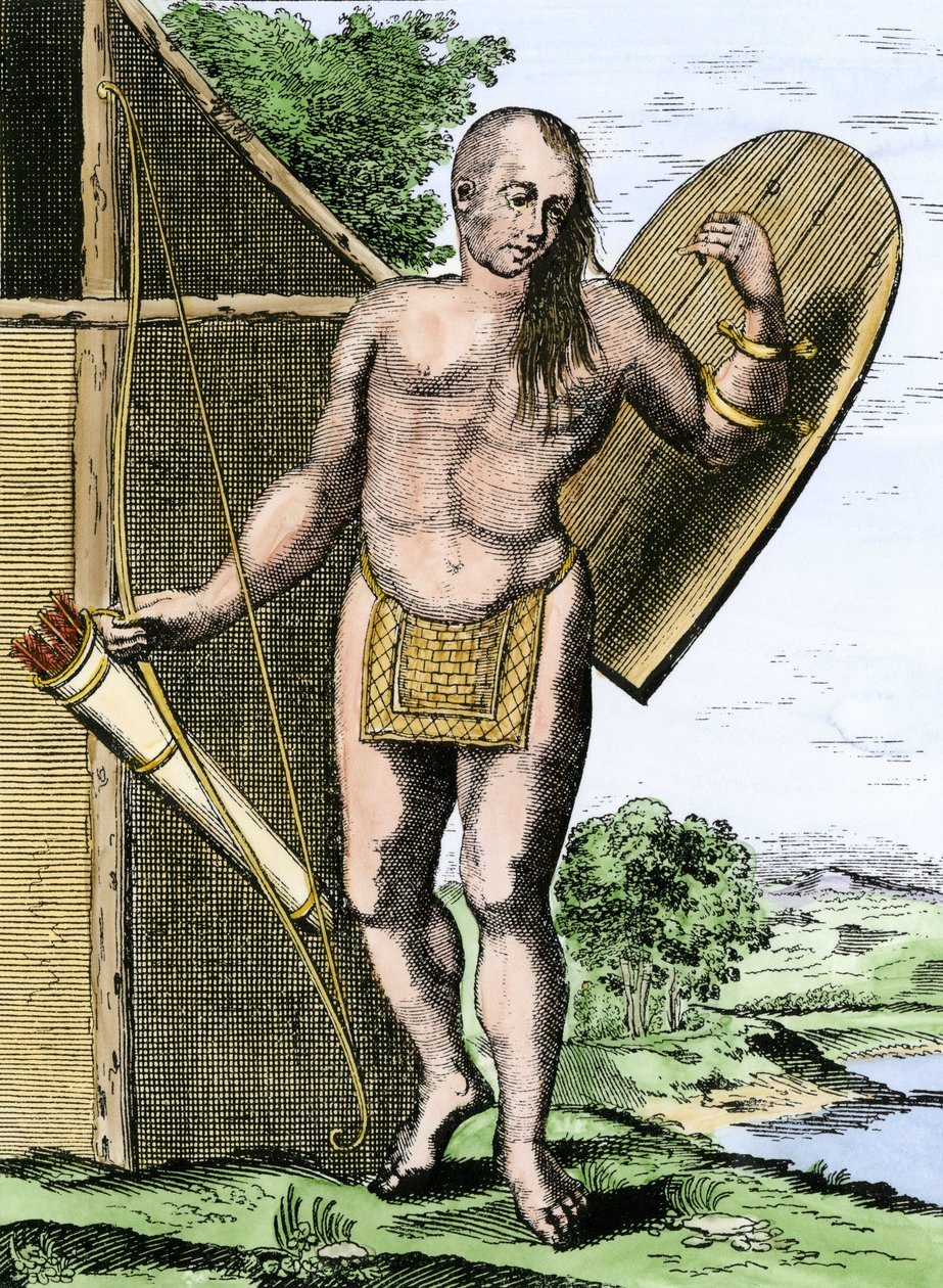 Histoire des peuples autochtones : Un Indien du Canada tenant un bouclier, un arc et des flèches dans un carquois - Unbekannter Künstler