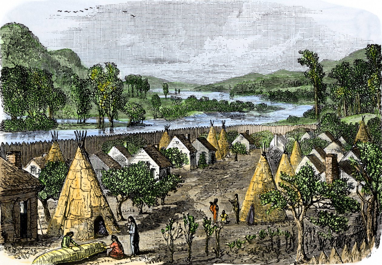 Histoire des peuples autochtones : Village Mohawk, New York, vers 1780. Gravure colorée du 19ème siècle. - Unbekannter Künstler