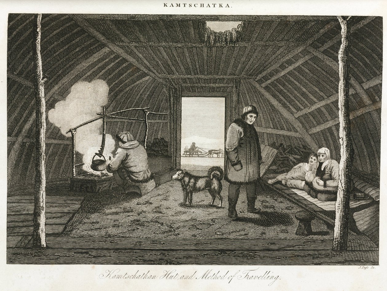 Hutte du Kamtchatka (péninsule extrême-orientale de la Russie) et traîneau de transport, vers 1810 - Unbekannt
