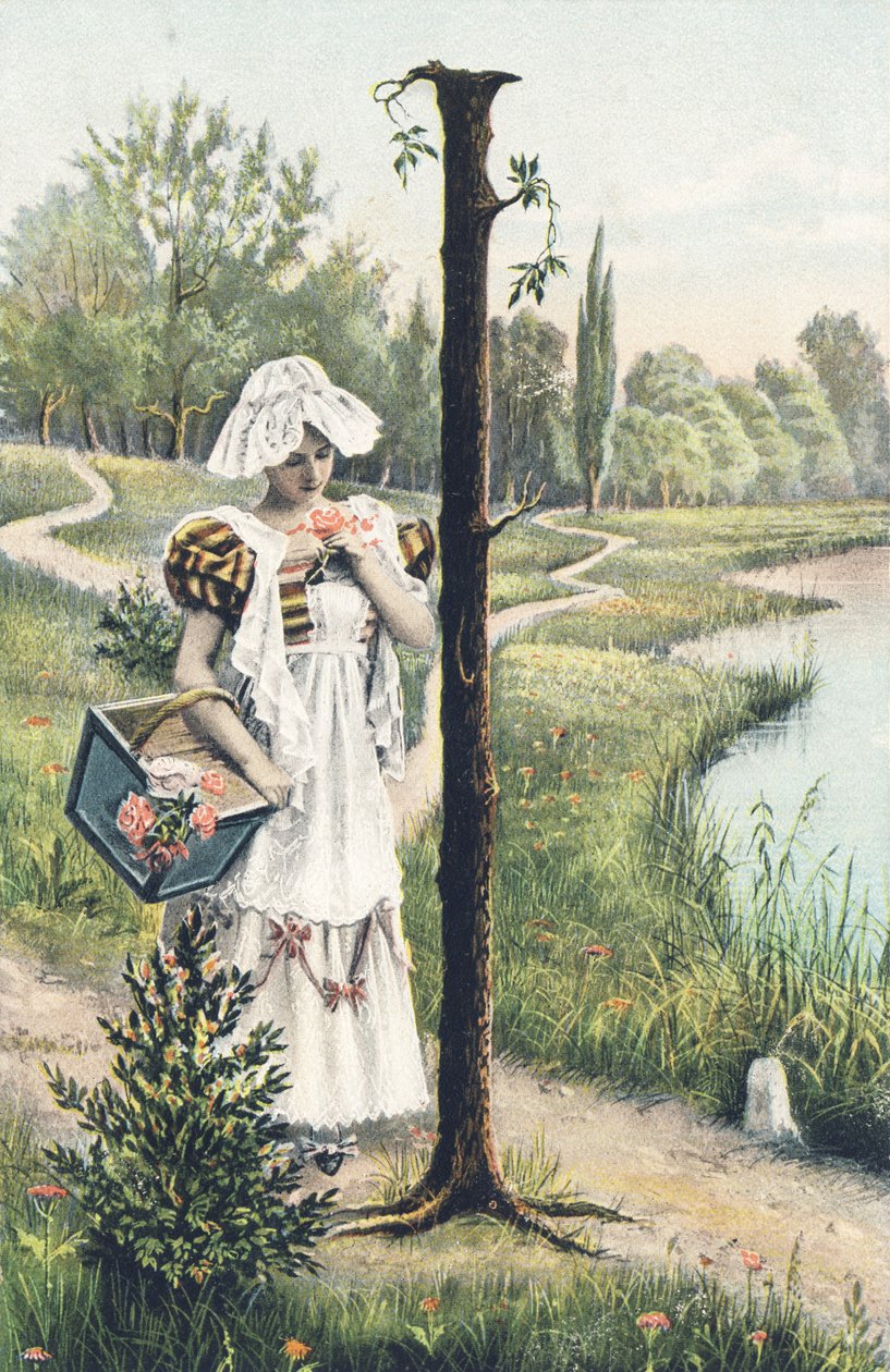 I : Une femme debout en robe, tablier et coiffe tient un panier sur son bras droit. Décor champêtre - Alphabet personnages Ref Th. E., L. Theochrom - Série 994. Theodor Eisman, éditeur, Leipzig - Unbekannt