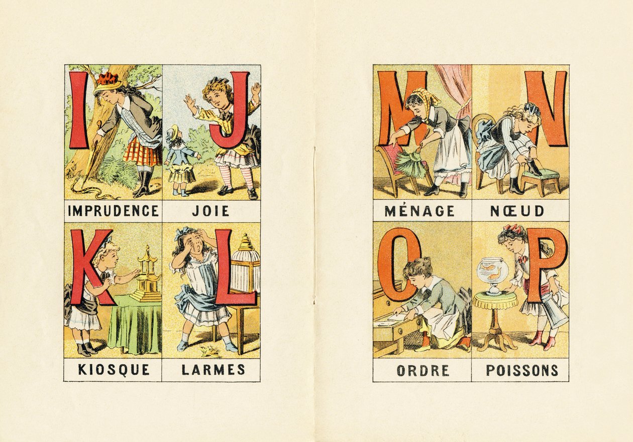 I : Imprudence ; J : Joie ; K : Kiosque ; L : Larmes ; M N O P : Ménage, Nœud, Ordre, Poissons - Gravure extraite de ABCD des petites filles. Pellerin & Cie, imprimeur-éditeur, Epinal, vers 1890. Série A. - Unbekannt