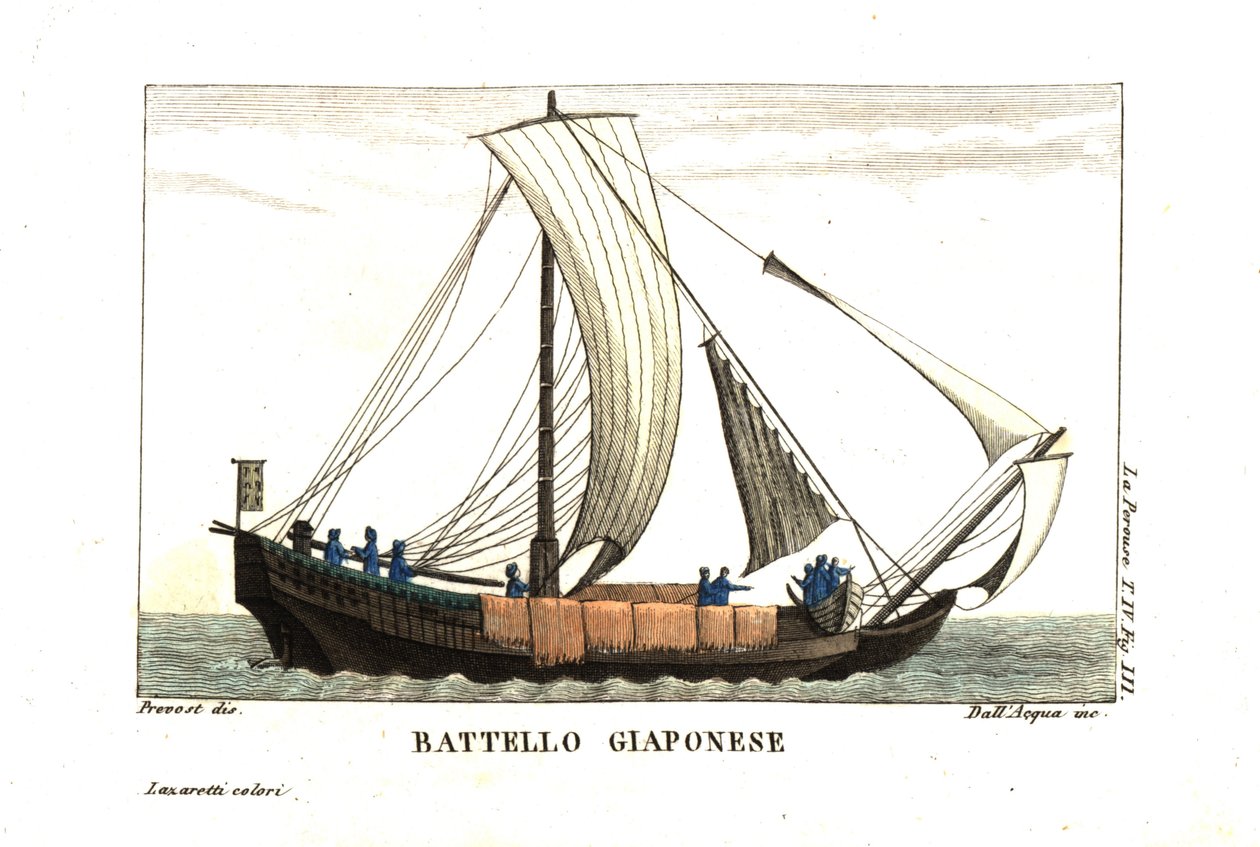 Voilier japonais. Illustration de Jean Louis Prevost du Journal de Jean François de Galaup, comte de La Pérouse (1741-1788). Gravure sur cuivre par dell