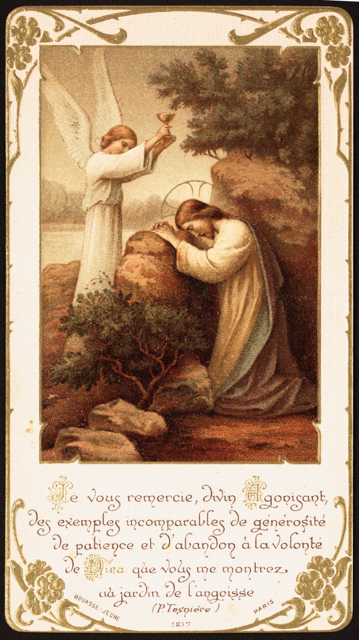 Jésus priant à genoux dans le Jardin de Gethsémani, un ange lui présentant un calice. Début du 20e siècle (carte postale) - Unbekannter Künstler