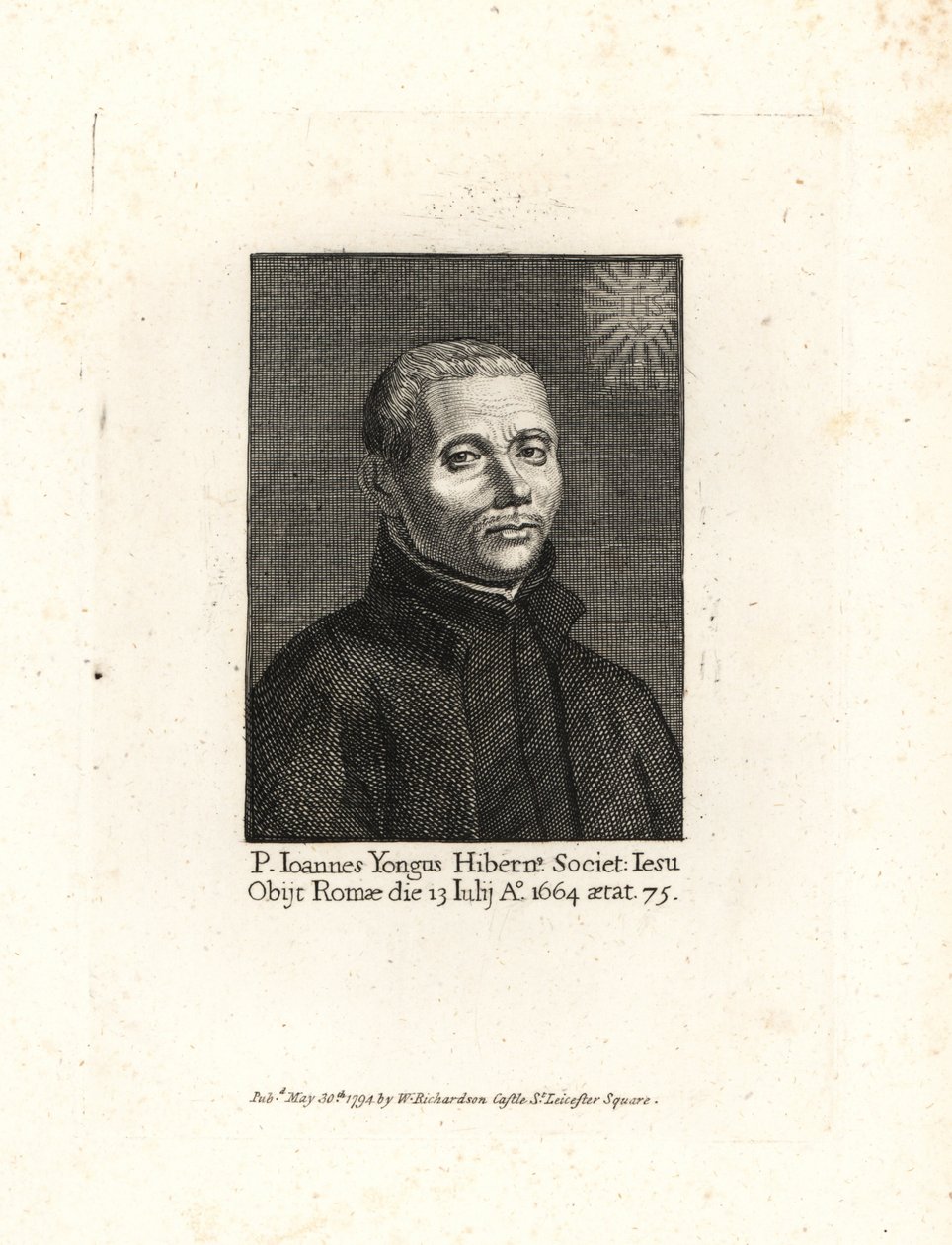 John Yonge, Ioannes Yongus, prêtre jésuite irlandais, décédé en 1664, âgé de 75 ans. Gravure sur cuivre de William Richard, Portraits Illustrating Granger