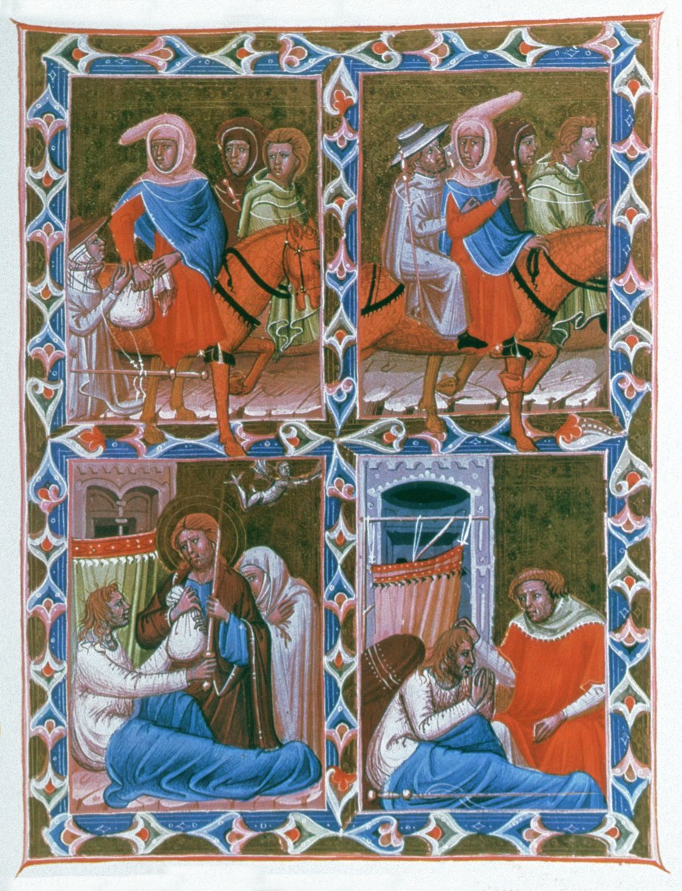Chevalier de Lyon à Compostelle, prend une vieille femme et un homme malade. Le Christ puis Saint Jacques apparaissent au chevalier mourant - Unbekannter Künstler