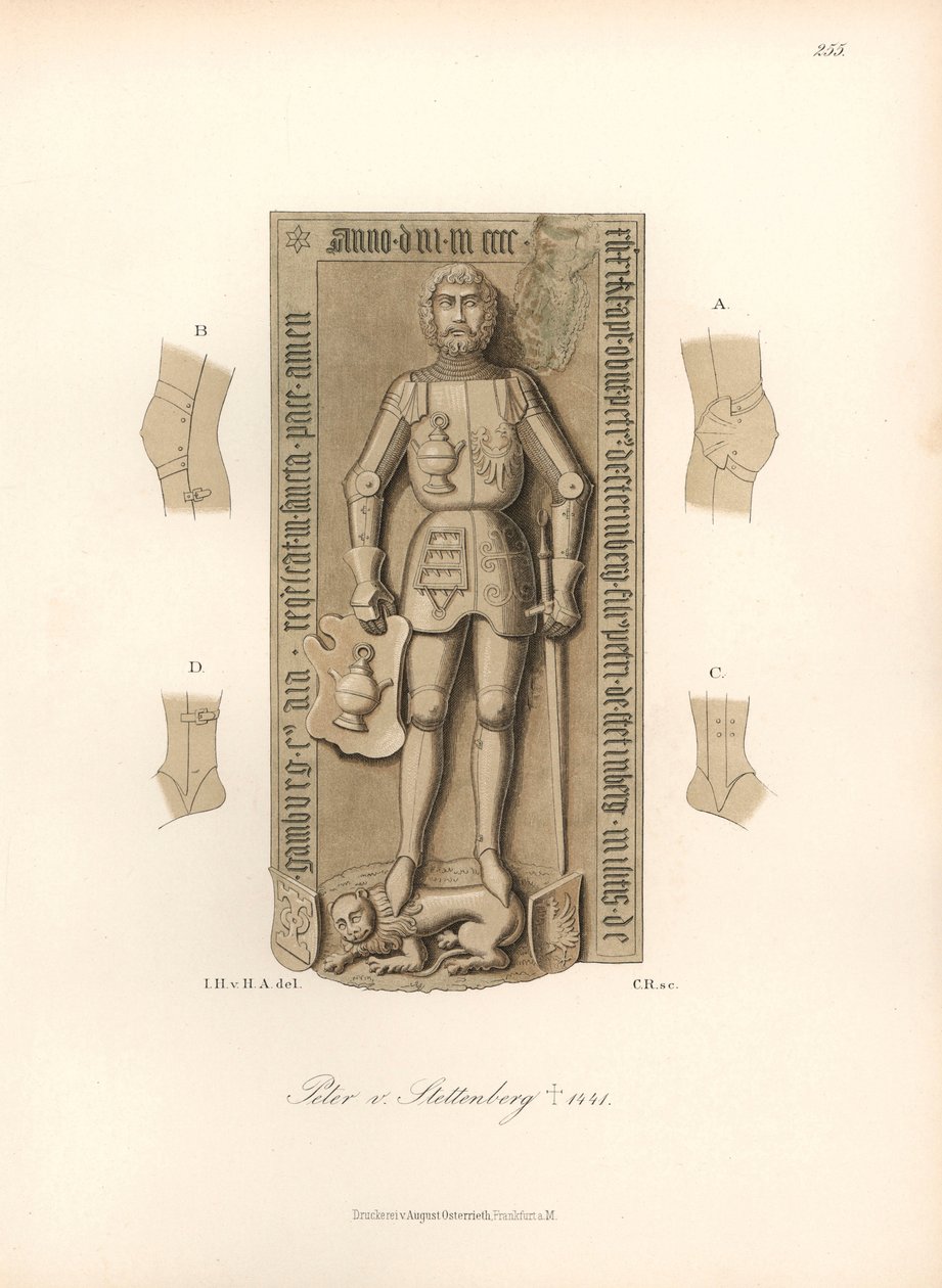 Chevalier en armure du 15ème siècle, avec des détails des attaches sur les genoux et les coudes - Pierre tombale de Peter von Stettenberg, décédé en 1441 - Chromolithographie, dessin de Jakob Heinrich von Hefner-Alteneck pour son livre « Costumes, métiers  - Unbekannter Künstler