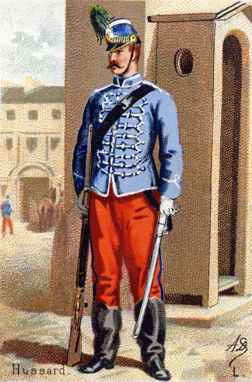 L: Hussard. Gravure dans "Alphabet militaire". Initiales de l