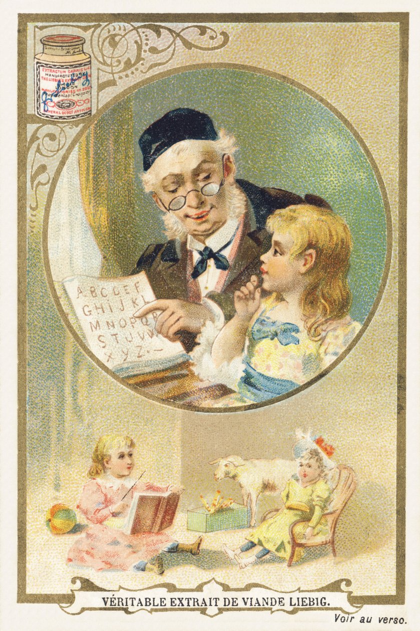 Lecture avec grand-père. Chromolithographie publicitaire représentant dans un cadre circulaire une personne âgée, une petite à ses côtés. En bas de l