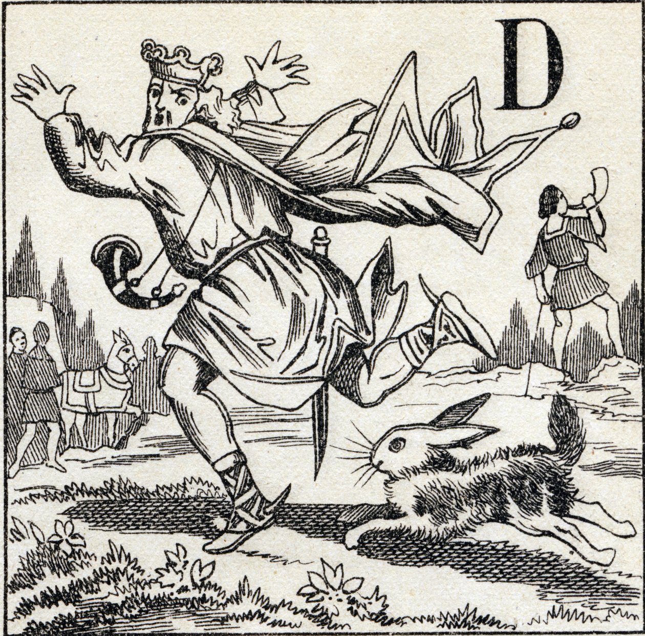 Lettre D : Roi Dagobert poursuivi par un lièvre. Gravure dans "ABC Les Images en Alphabet". Imagerie d